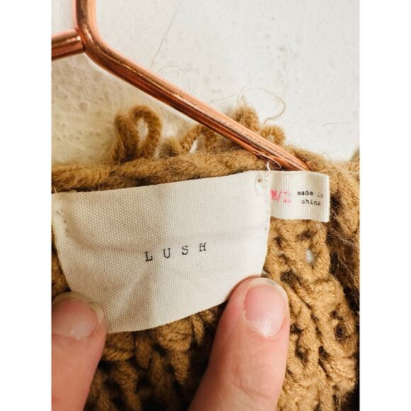 LUSH Anthropology Tan Loop Shaggy Fringe Open Style Cardigan size Medium/ Large - Picture 12 of 12
